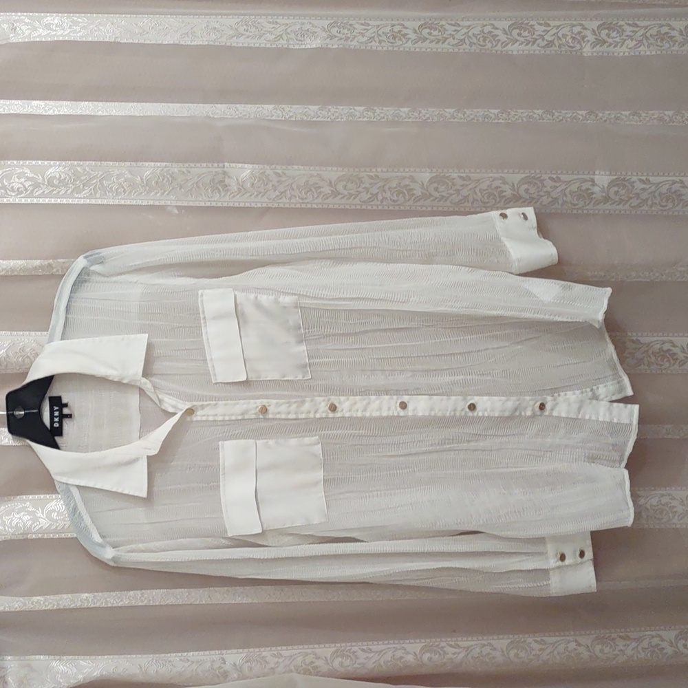 DKNY Sheer White Luxurious Blouse with gold detail buttons Size L